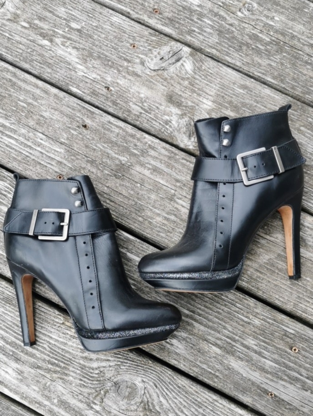 Y2K DIESEL Womens Punk Black Leather Buckle Stiletto Ankle Boots. Size 9